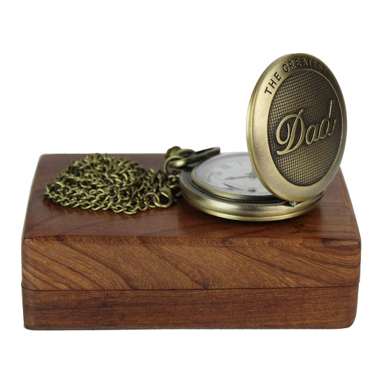 Novelika The Greatest Dad Antique Analog Locket Pocket Watch Long Chain Roman Numbers for Women Men Vintage Style Round Dial Quartz Cover Bronze with Wooden Box