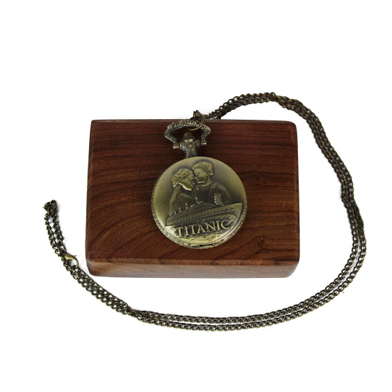 Novelika Titanic Vintage Style Pocket Watch Round Dial Quartz Cover, Analog Pocket Watch with Long Chain, Roman Numbers With Wood Box