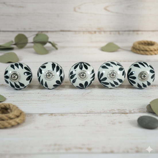  Black Leaf Door Knobs - Ceramic Luxury Drawer Knobs for Kitchen Cabinet Hardware Door Pulls Decorative - Set Of 5