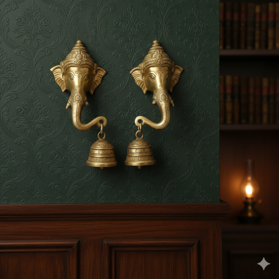 Novelika Brass Ganesha Bhagwan Door Wall Hanging Bell in Pair for Home Decor Entrance Ganti Diwali Ganpati Decoration Metal Ghanti Set