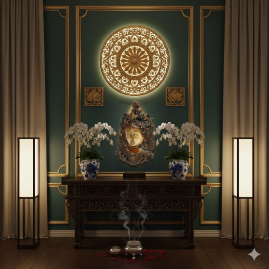 Novelika Brass Tara Face Tibetan Buddha Idol/Deity Mask Wall Hanging Showpiece