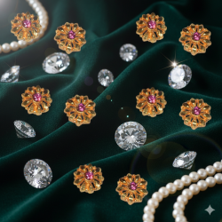 Gold Floral Design Stud Earrings with Pink Stone Centerpiece – 12 Pairs Set