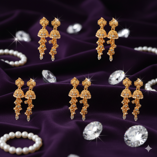 Golden Stylish Chandelier Earring - For Girls & Women & Weddings & Festive - 1 Pair Set