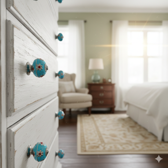 Ceramic  Knobs - Blue Round, White Flower Design - Door Handle for Kitchen Cabinets Wardrobe - Set Of 5