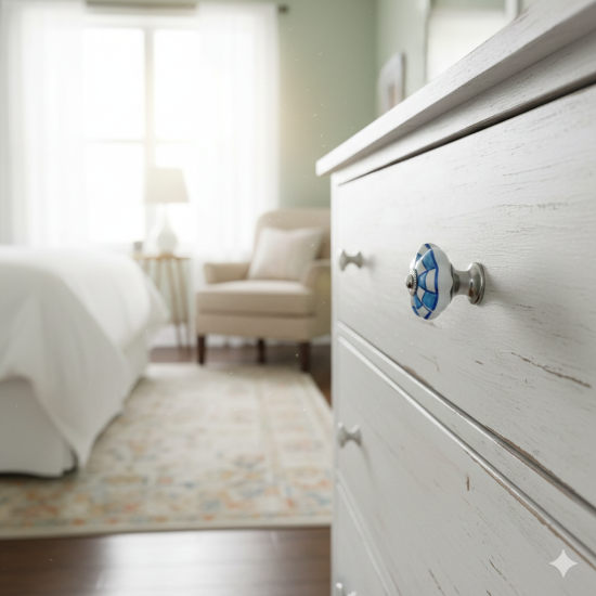 Ceramic  Knobs - Blue & White Mini Block  Design - Door Handle for Kitchen Cabinets Wardrobe - Set Of 5