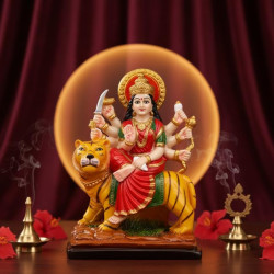 Novelika Maa Durga Ji Resin Idol with Lion Premium Hand Painted Durga MATA Murti for Home Mandir Temple Pooja Navratri Diwali Spiritual Gift Decorative Showpiece for Living Room Office set of 1
