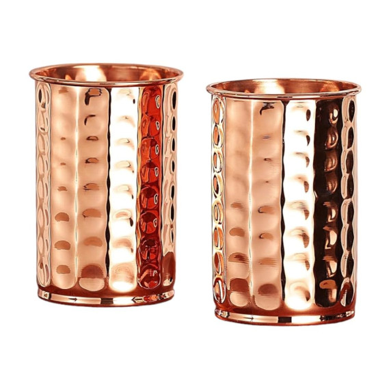 Novelika Pure Copper Hammered Tumbler (Glass) Set of 2 Copper Tumbler Hold 300 ML Water for ayurvedic Health benifits set of 2