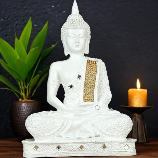  Novelika New 25 Centimetre Meditating Sitting Buddha Statue showpiece Idol Home Decoration Items for Living Room Decor and Gifts (White) set of 1