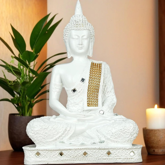  Novelika New 25 Centimetre Meditating Sitting Buddha Statue showpiece Idol Home Decoration Items for Living Room Decor and Gifts (White) set of 1