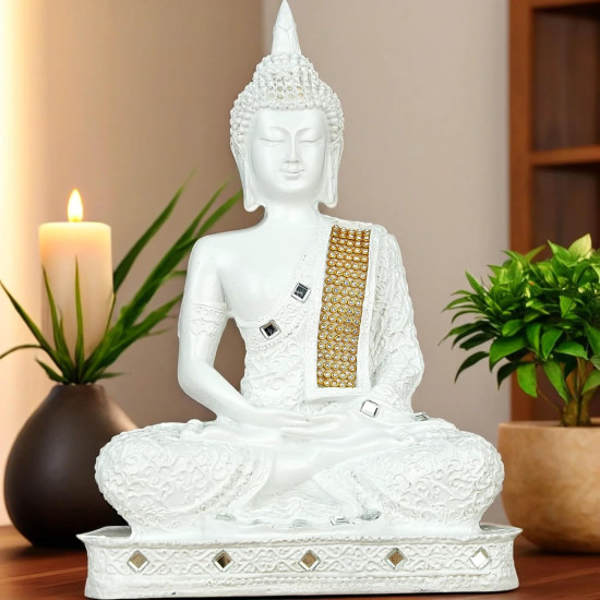  Novelika New 25 Centimetre Meditating Sitting Buddha Statue showpiece Idol Home Decoration Items for Living Room Decor and Gifts (White) set of 1