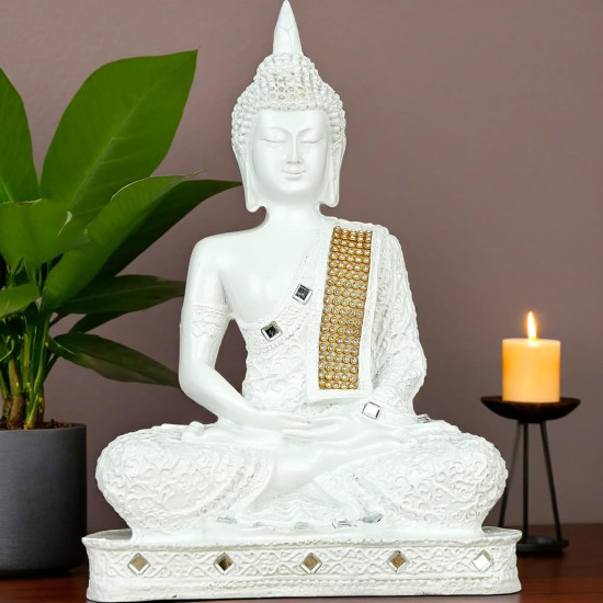  Novelika New 25 Centimetre Meditating Sitting Buddha Statue showpiece Idol Home Decoration Items for Living Room Decor and Gifts (White) set of 1