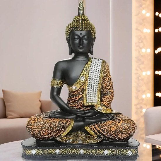 Novelika New Limited Edition 25 Centimetre Meditating Sitting Buddha Idol Statue showpiece Home Decor Decoration Items for Living Room and Gifts (1, Orange Black) set of `1
