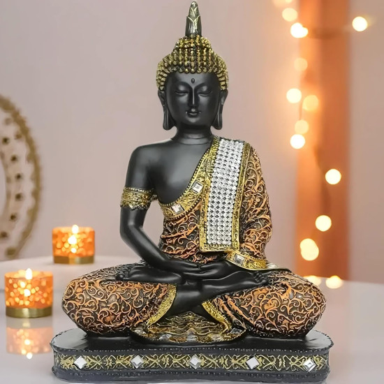 Novelika New Limited Edition 25 Centimetre Meditating Sitting Buddha Idol Statue showpiece Home Decor Decoration Items for Living Room and Gifts (1, Orange Black) set of `1