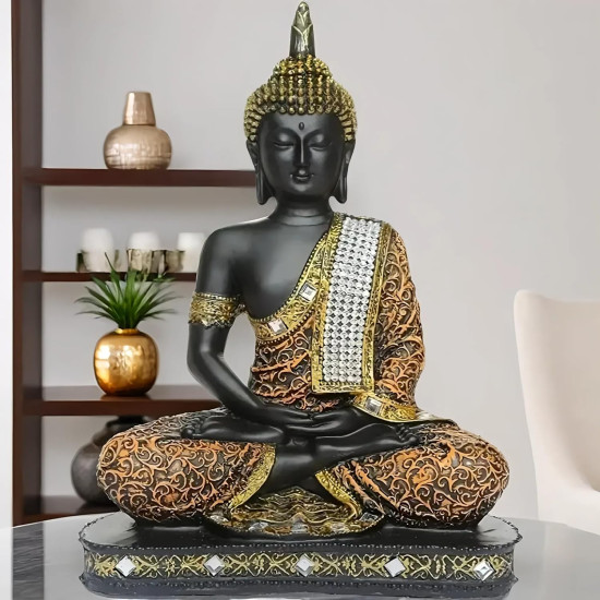 Novelika New Limited Edition 25 Centimetre Meditating Sitting Buddha Idol Statue showpiece Home Decor Decoration Items for Living Room and Gifts (1, Orange Black) set of `1