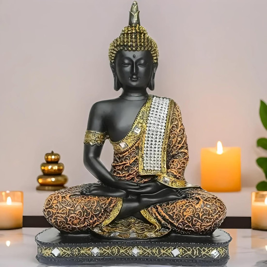 Novelika New Limited Edition 25 Centimetre Meditating Sitting Buddha Idol Statue showpiece Home Decor Decoration Items for Living Room and Gifts (1, Orange Black) set of `1