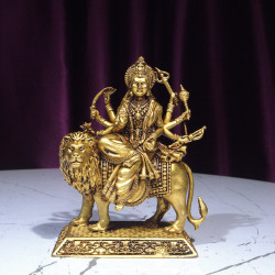 Novelika Brass Sherawali Maa Idol 8cm | Antique Golden Finish Durga MATA Statue with Lion | Spiritual Idol for Temple & Home Decor | Perfect for Navratri Pooja, Diwali Decoration, Spiritual Gift set of 1