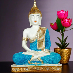 New 25 Centimetre Meditating Sitting Buddha Statue showpiece Idol Home Decoration Items for Living Room Decor and Gifts (Blue White Glossy)