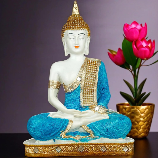  New 25 Centimetre Meditating Sitting Buddha Statue showpiece Idol Home Decoration Items for Living Room Decor and Gifts (Blue White Glossy)