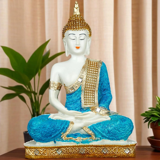  New 25 Centimetre Meditating Sitting Buddha Statue showpiece Idol Home Decoration Items for Living Room Decor and Gifts (Blue White Glossy)