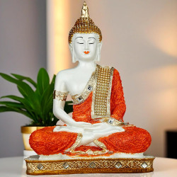 Novelika New 25 Centimetre Meditating Sitting Buddha Statue showpiece Idol Home Decoration Items for Living Room Decor and Gifts (Orange White Glossy) set of 1