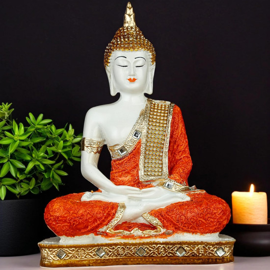 Novelika New 25 Centimetre Meditating Sitting Buddha Statue showpiece Idol Home Decoration Items for Living Room Decor and Gifts (Orange White Glossy) set of 1