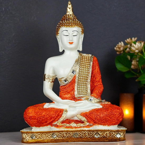 Novelika New 25 Centimetre Meditating Sitting Buddha Statue showpiece Idol Home Decoration Items for Living Room Decor and Gifts (Orange White Glossy) set of 1
