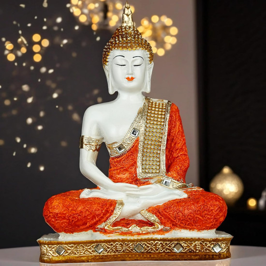 Novelika New 25 Centimetre Meditating Sitting Buddha Statue showpiece Idol Home Decoration Items for Living Room Decor and Gifts (Orange White Glossy) set of 1