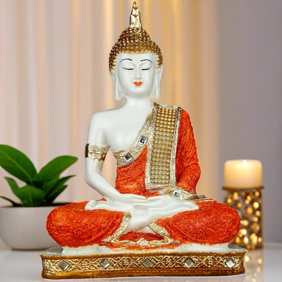 Novelika New 25 Centimetre Meditating Sitting Buddha Statue showpiece Idol Home Decoration Items for Living Room Decor and Gifts (Orange White Glossy) set of 1