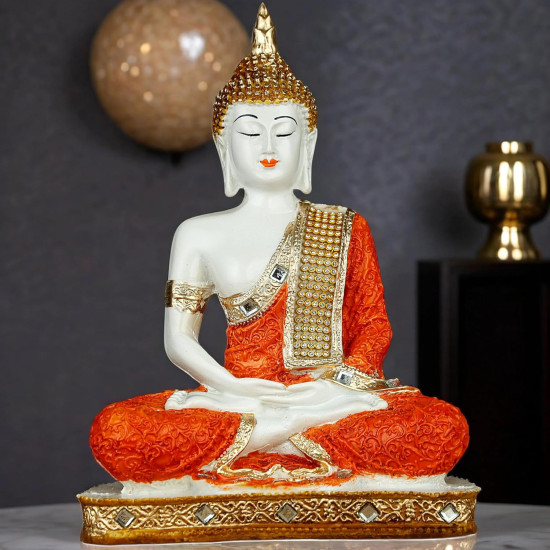 Novelika New 25 Centimetre Meditating Sitting Buddha Statue showpiece Idol Home Decoration Items for Living Room Decor and Gifts (Orange White Glossy) set of 1