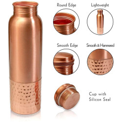 Novelika Pure Copper Water Bottle with Leak Proof Protection, Ayurveda and Yoga Health Benefits. (Half Hammered Design,1000ml) Set of 1