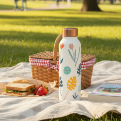 Novelika Pure Copper Designer Water Bottle with Leak Proof Protection, Ayurveda Health Benefits. (1000ml, 1Unit) with Leaf Print Design