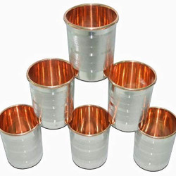 Novelika Pure Steel Copper Glass Tumbler Drinkware Serving Water with Copper Inside and Steel Outside 300 ML Each (Set of 6)