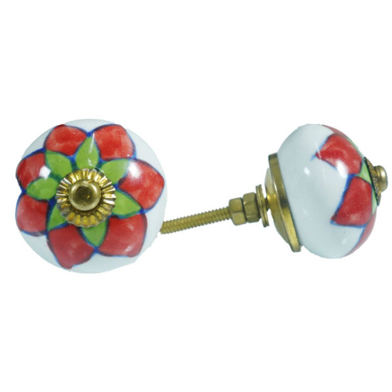 Ceramic knobs - Red & Green And White Door Pulls - Flower Design - Decorative Kitchen and Dresser Handles -  5 Pack