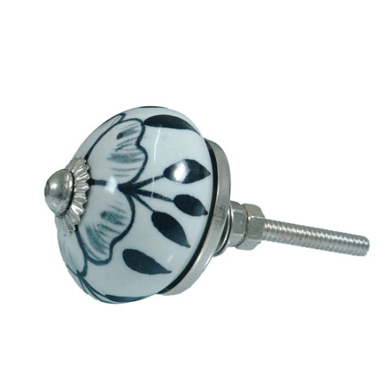 Ceramic Knobs - Black & White , Floral Pattern Door Pulls - Knobs for Drawer Dresser Cupboard Cabinet Kitchen Wardrobe Desk -  Pack of 5