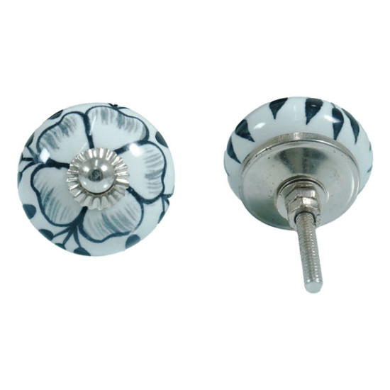 Ceramic Knobs - Black & White , Floral Pattern Door Pulls - Knobs for Drawer Dresser Cupboard Cabinet Kitchen Wardrobe Desk -  Pack of 5
