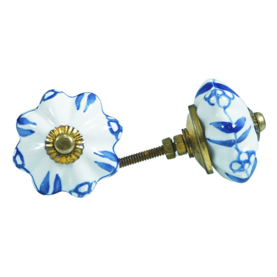 Ceramic Knobs Blue - White Door Pulls - 5 Pack - Decorative Kitchen and Dresser Handles