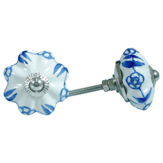 Ceramic Knobs Blue - White Door Pulls - 5 Pack - Decorative Kitchen and Dresser Handles
