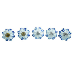 Ceramic Knobs Blue - White Door Pulls - 5 Pack - Decorative Kitchen and Dresser Handles
