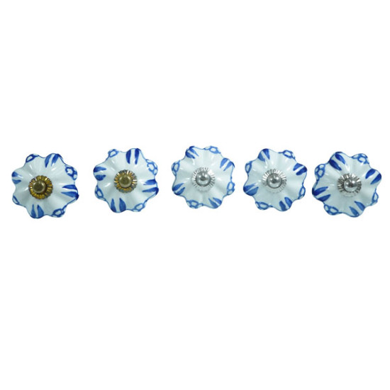 Ceramic Knobs Blue - White Door Pulls - 5 Pack - Decorative Kitchen and Dresser Handles