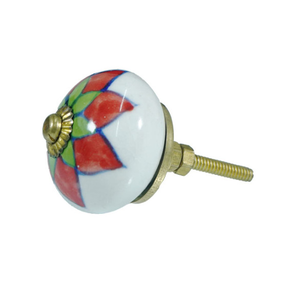 Ceramic knobs - Red & Green And White Door Pulls - Flower Design - Decorative Kitchen and Dresser Handles -  5 Pack