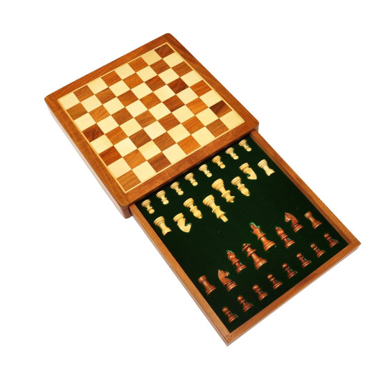 Novelika 12 Inches Handmade Drawer Wooden Chess Board Set Made With Indian Rosewood | Inbuilt Storage Compatment For Chessmen - (12 X 12 Inches) Brown, Big Kid set of 1