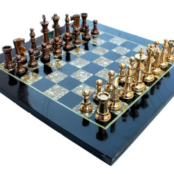 Novelika Chess Game Board Set - Made with Black Marble, Mother of Pearl & Brass Pieces (15" x 15"),for 8+ Years set of 1