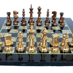 Novelika Chess Game Board Set - Made with Black Marble, Mother of Pearl & Brass Pieces (15" x 15"),for 8+ Years set of 1