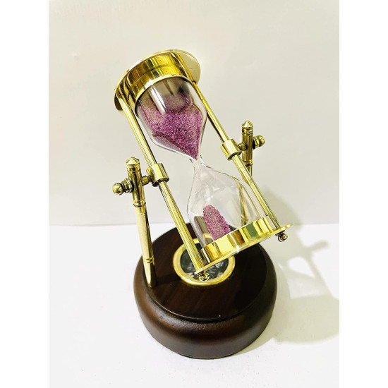 Novelika Antique Brass Sand Timer, Sand Clock with Compass - 5 Inches Hour Glass with Brown Wooden Base Navigational Collectible Home Study Table Top set of 1