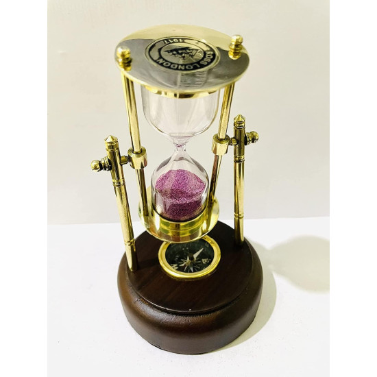 Novelika Antique Brass Sand Timer, Sand Clock with Compass - 5 Inches Hour Glass with Brown Wooden Base Navigational Collectible Home Study Table Top set of 1