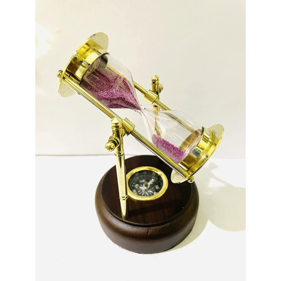 Novelika Antique Brass Sand Timer, Sand Clock with Compass - 5 Inches Hour Glass with Brown Wooden Base Navigational Collectible Home Study Table Top set of 1