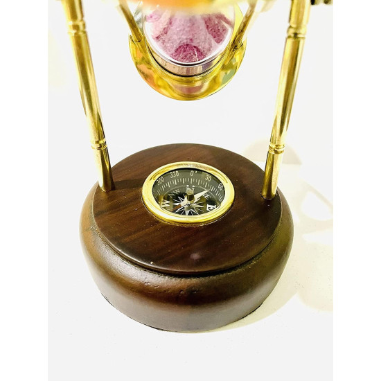 Novelika Antique Brass Sand Timer, Sand Clock with Compass - 5 Inches Hour Glass with Brown Wooden Base Navigational Collectible Home Study Table Top set of 1